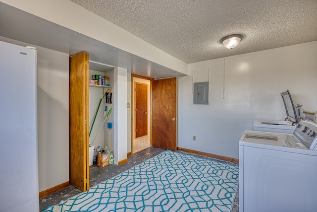 washroom with electric panel and a textured ceiling