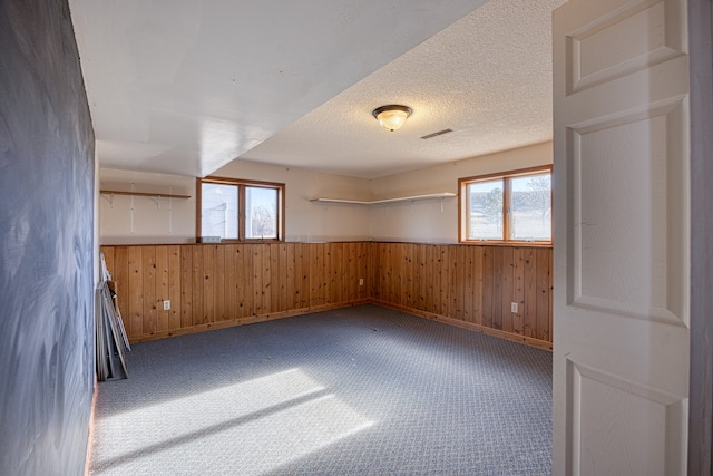 carpeted spare room featuring wood walls and a textured ceiling