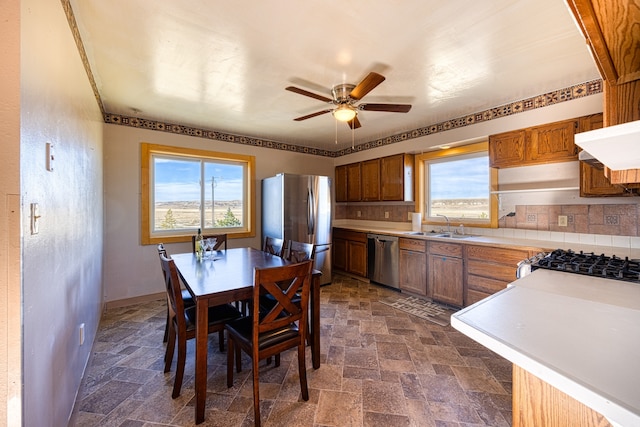 kitchen with stainless steel appliances, a wealth of natural light, and tasteful backsplash