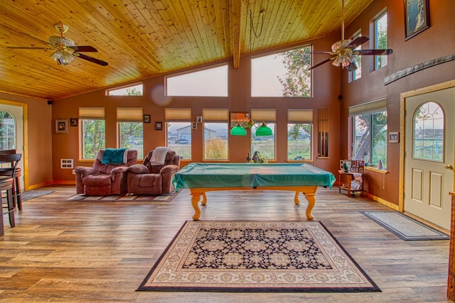 playroom with billiards, hardwood / wood-style floors, wood ceiling, high vaulted ceiling, and ceiling fan