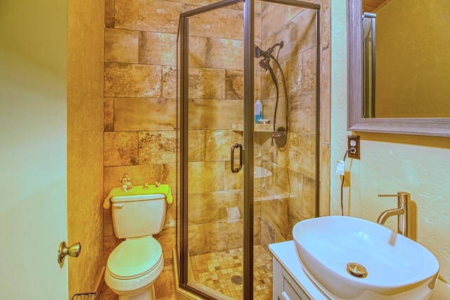 bathroom featuring vanity, toilet, and an enclosed shower