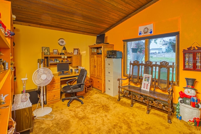 carpeted home office with wood ceiling and vaulted ceiling