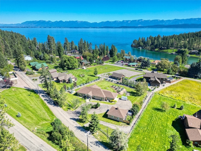 bird's eye view with a water and mountain view