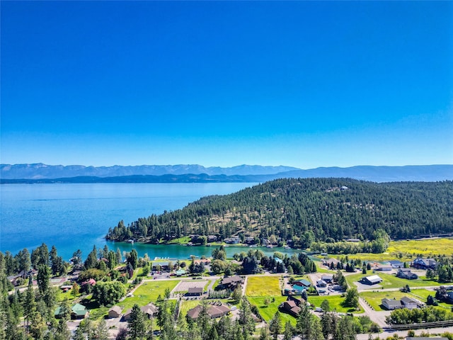 bird's eye view featuring a water and mountain view