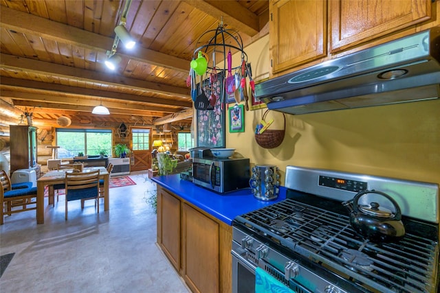 510 Johnson Ln, Superior, MT 59872 - kitchen featuring stainless steel appliances, under cabinet range hood, wood ceiling, beam ceiling, and dark countertops