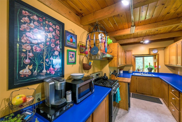 510 Johnson Ln, Superior, MT 59872 - kitchen featuring appliances with stainless steel finishes, wooden ceiling, beam ceiling, a sink, and brown cabinets