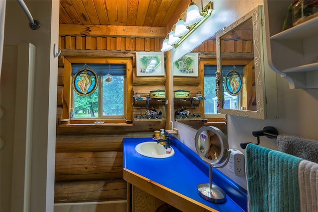 510 Johnson Ln, Superior, MT 59872 - bathroom featuring wood ceiling, vanity, and a shower