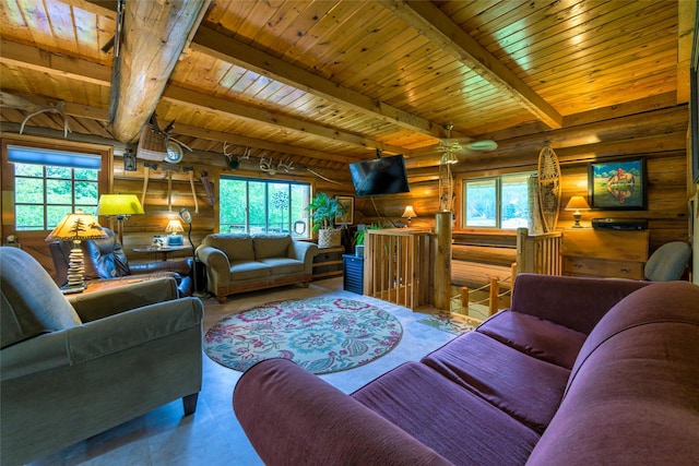 510 Johnson Ln, Superior, MT 59872 - living area with rustic walls, healthy amount of natural light, beam ceiling, and wooden ceiling