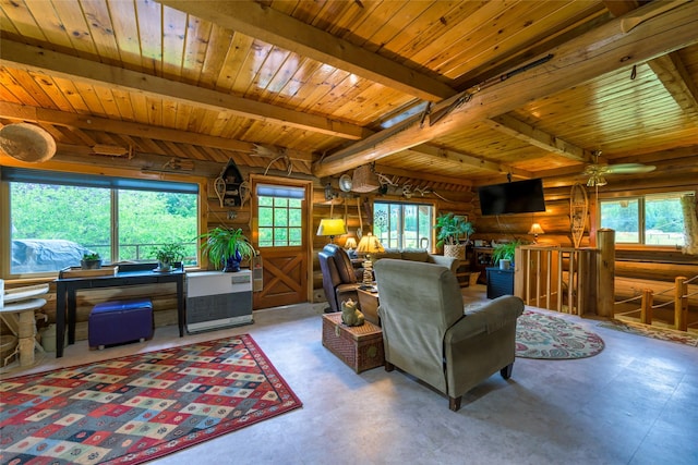 510 Johnson Ln, Superior, MT 59872 - living room featuring beam ceiling, rustic walls, wood ceiling, and ceiling fan