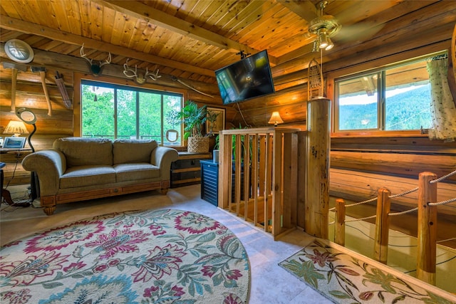 510 Johnson Ln, Superior, MT 59872 - sitting room featuring healthy amount of natural light, wooden ceiling, beamed ceiling, and wooden walls