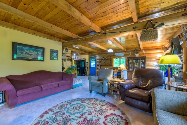 510 Johnson Ln, Superior, MT 59872 - living room featuring beamed ceiling, log walls, and wood ceiling