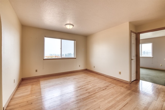 spare room with a textured ceiling, light wood-type flooring, and plenty of natural light