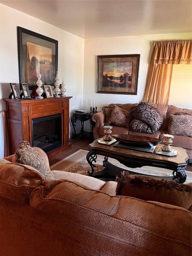 living room with a fireplace and wood finished floors