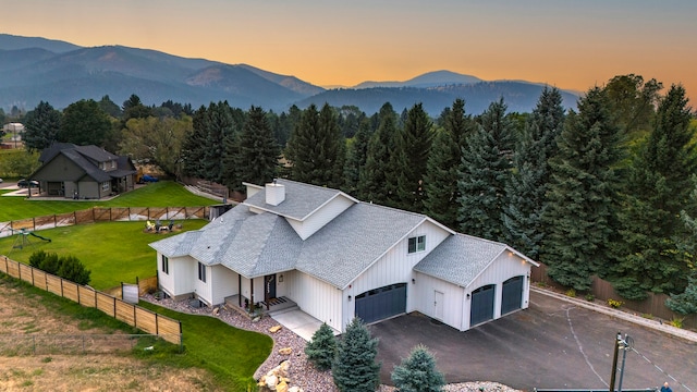 aerial view at dusk with a mountain view