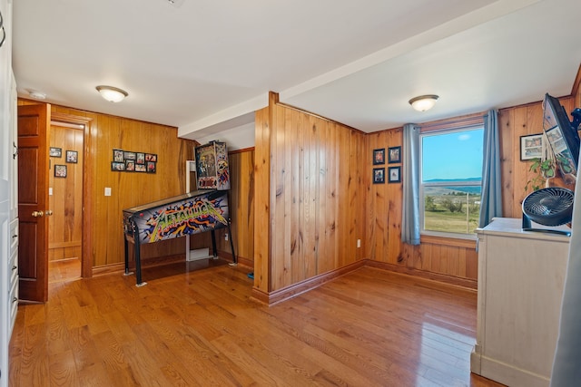 interior space with hardwood / wood-style floors and wood walls