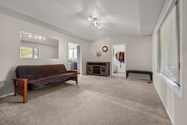 carpeted living room with vaulted ceiling and track lighting