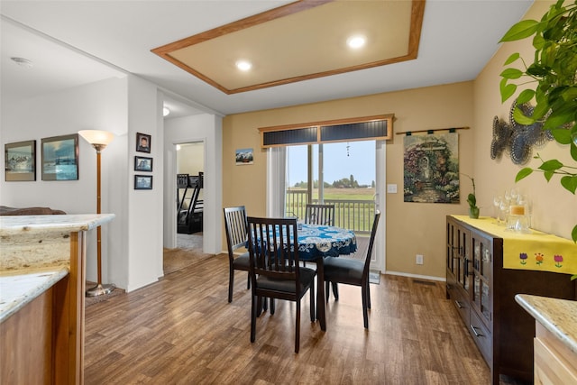 125 Ponderosa Ln, Kalispell, MT 59901 - dining space with wood finished floors, a tray ceiling, and recessed lighting