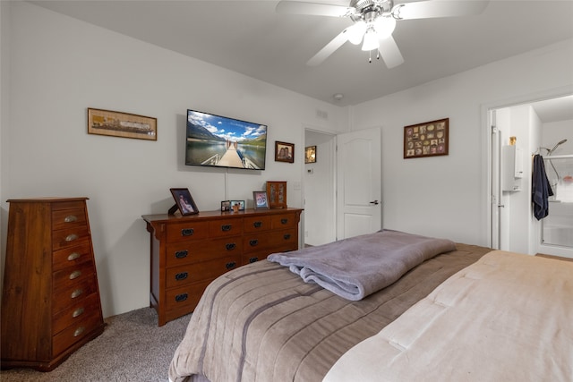 bedroom featuring ceiling fan and light colored carpet