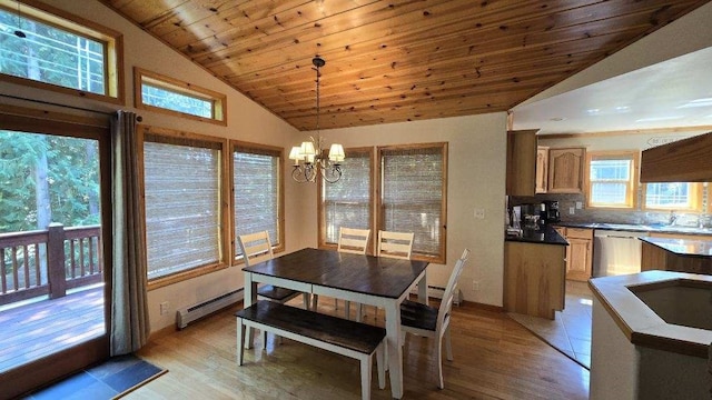 dining room with wood ceiling, baseboard heating, light wood-type flooring, and a chandelier