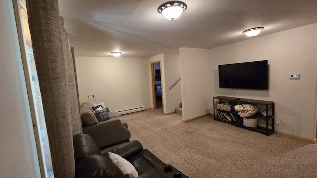 living room featuring a baseboard heating unit and light carpet