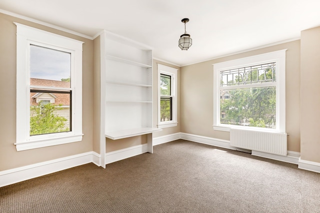 carpeted spare room featuring crown molding, plenty of natural light, and radiator