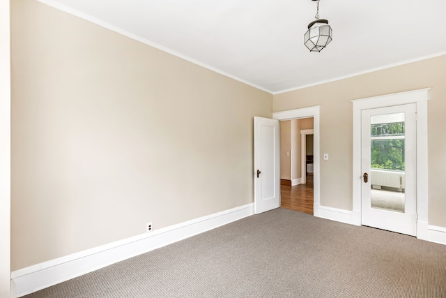 unfurnished room featuring crown molding and carpet