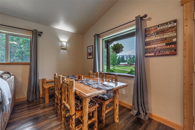 dining space featuring lofted ceiling and dark wood-type flooring