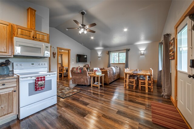 kitchen featuring high vaulted ceiling, white appliances, dark hardwood / wood-style flooring, and ceiling fan