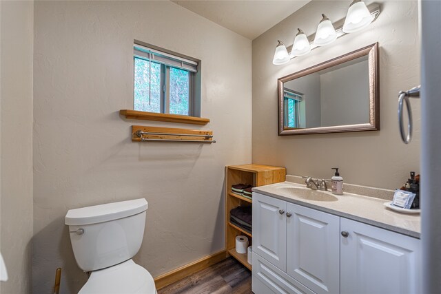 bathroom with vanity, toilet, and hardwood / wood-style flooring