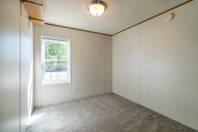 carpeted empty room with ornamental molding and a textured ceiling