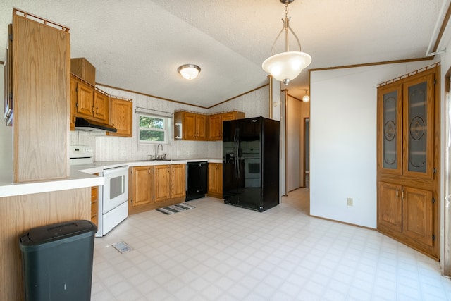 kitchen with ornamental molding, black appliances, vaulted ceiling, and sink