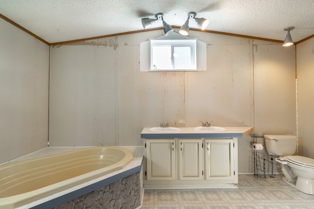 bathroom featuring a bath, toilet, lofted ceiling, and a textured ceiling