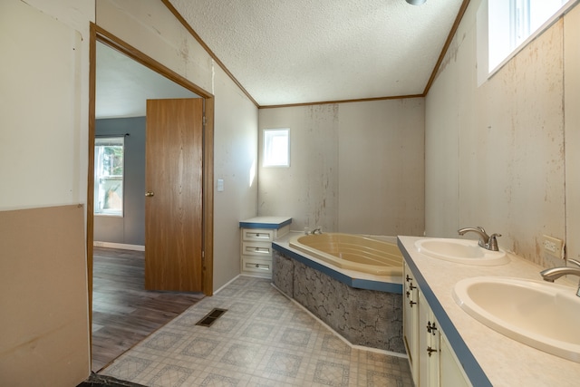 bathroom with vanity, a bath, a wealth of natural light, and a textured ceiling