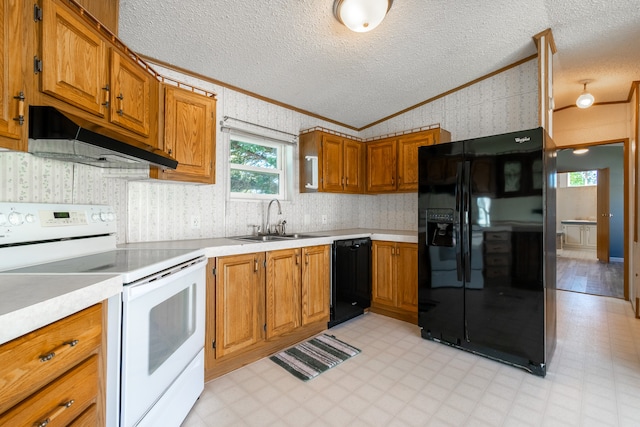 kitchen with black appliances, ornamental molding, a textured ceiling, and sink