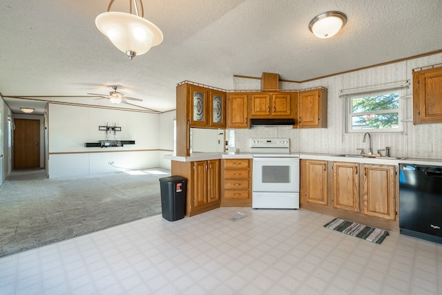 kitchen with dishwasher, light carpet, sink, ceiling fan, and white electric range oven