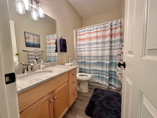 100 Rocky Point Rd Unit B-2, Polson, MT 59860 - full bath with vanity, a shower with curtain, toilet, and wood finished floors