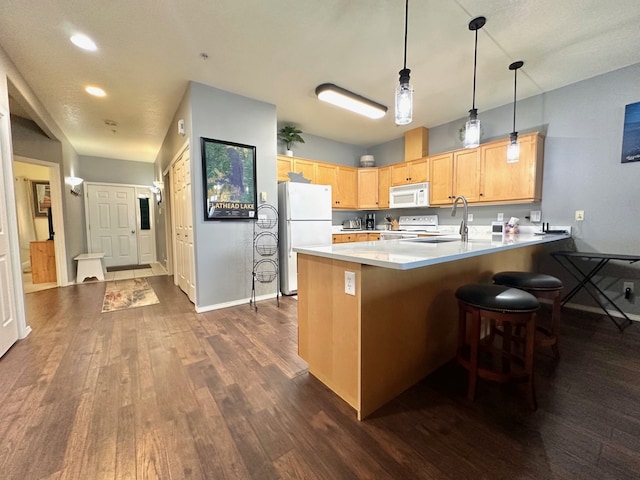 100 Rocky Point Rd Unit B-2, Polson, MT 59860 - kitchen with a peninsula, light brown cabinets, white appliances, dark wood-type flooring, and a sink