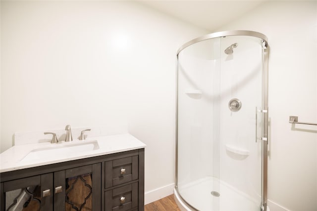 965 Ksanka Foothills Rd, Eureka, MT 59917 - bathroom featuring wood finished floors, vanity, baseboards, and a shower stall
