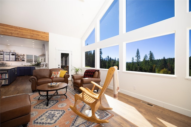 965 Ksanka Foothills Rd, Eureka, MT 59917 - living area featuring wood finished floors, high vaulted ceiling, baseboards, and visible vents