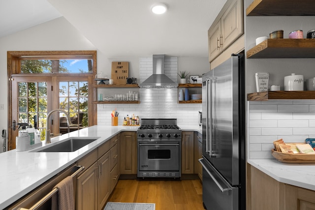 kitchen with light hardwood / wood-style flooring, sink, wall chimney range hood, premium appliances, and decorative backsplash