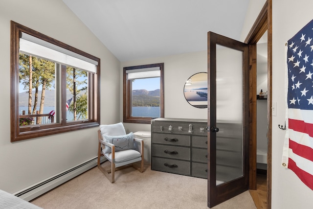 living area featuring a baseboard heating unit, vaulted ceiling, a wealth of natural light, and a water view