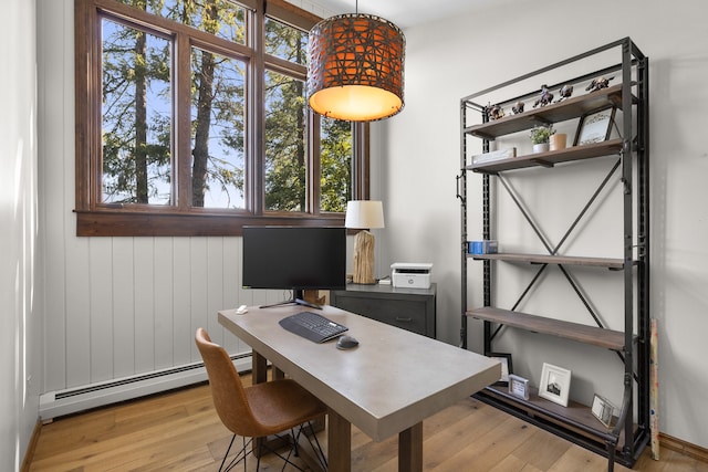 office with baseboard heating and light wood-type flooring