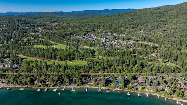 drone / aerial view featuring a water and mountain view