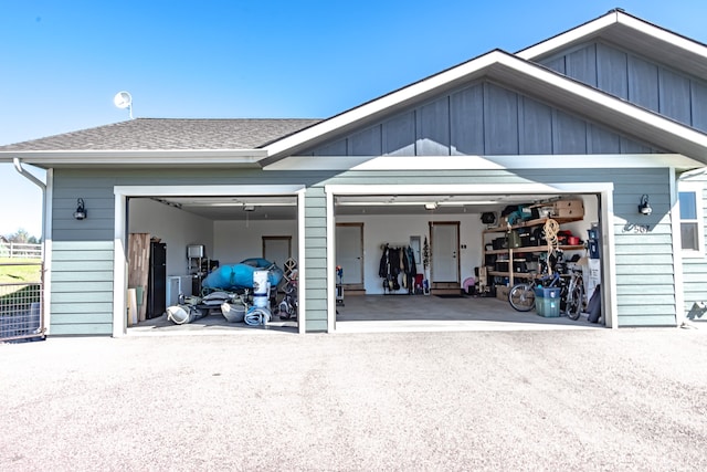 garage with wood walls