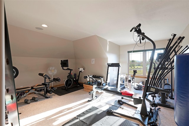 workout area featuring carpet floors, baseboards, and recessed lighting