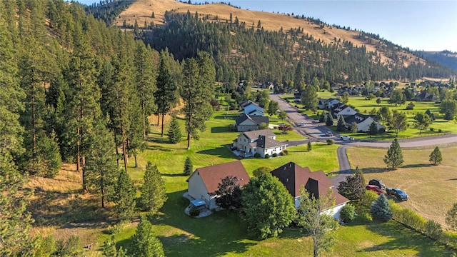 drone / aerial view with a mountain view and a wooded view