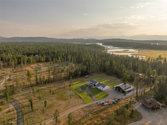 aerial view at dusk featuring a mountain view and a rural view