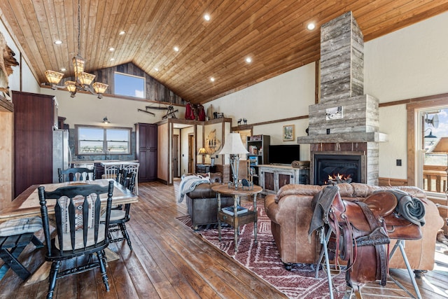 living room featuring dark hardwood / wood-style flooring, high vaulted ceiling, wooden ceiling, and a stone fireplace