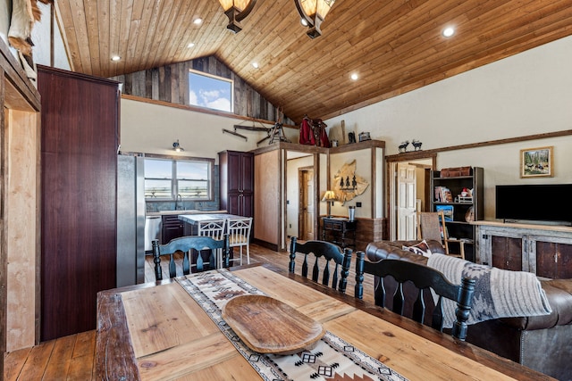 dining space featuring ceiling fan, sink, wooden ceiling, high vaulted ceiling, and wood-type flooring