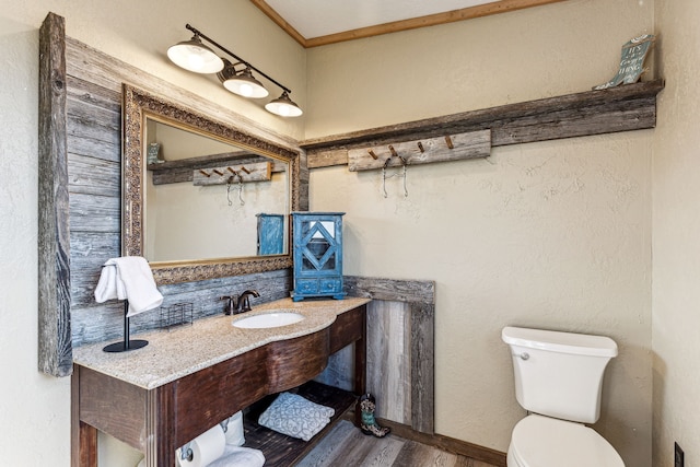 bathroom featuring hardwood / wood-style floors, vanity, and toilet